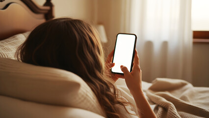 Hand holding mobile phone with blank white screen mockup in cozy bedroom, woman lying in bed using smartphone for digital lifestyle, social media app interface and morning routine.
