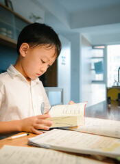Seven-year-old Asian boy sitting at a desk and checking a dictionary for self-study in a cozy home setting