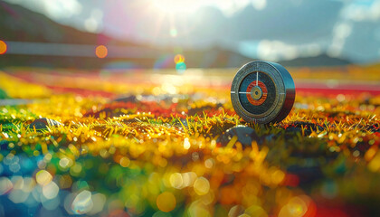 Time's Compass on the Colorful Horizon: A unique compass lies on a vibrant, multi-hued ground. It evokes a sense of exploration, discovery, and the journey of life.