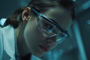 A focused scientist in protective eyewear examines materials in a lab setting, showcasing a moment of concentration and inquiry.