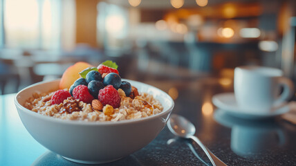 Homemade oatmeal with berries and fruit in a bowl on a wooden table. A healthy and balanced breakfast.