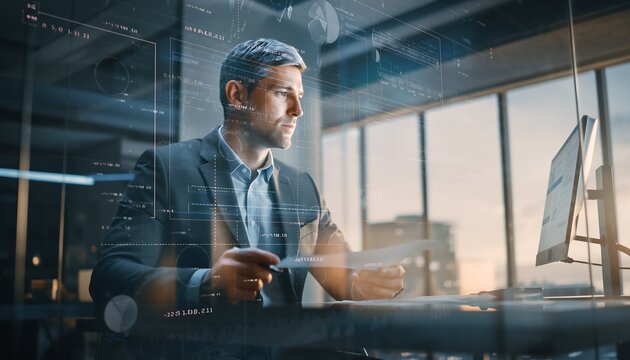 Businessman analyzing data on computer in modern office space with futuristic interface - Powered by Adobe