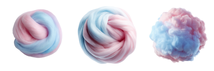 Three fluffy balls of pink and blue cotton candy arranged in a row isolated on a transparent background