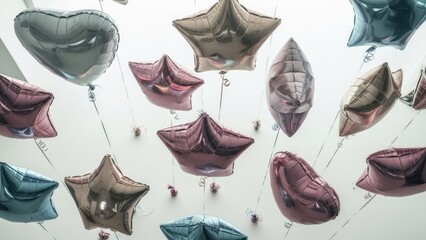 Metallic balloons in various shapes and colors floating upwards against a white ceiling