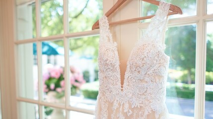 Lace wedding dress hanging by a window with natural light