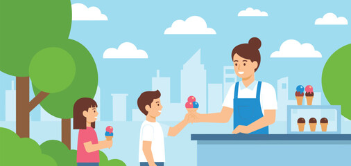 Ice cream vendor serving happy children at outdoor park kiosk, summer refreshment, family lifestyle, sweet dessert, flat vector illustration