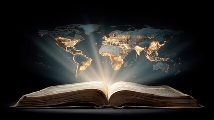 Illuminated Book with Vibrant World Map Emitting Divine Light in a Dark Environment