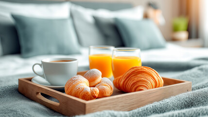 Breakfast on a tray on the bed in a cozy hotel room.