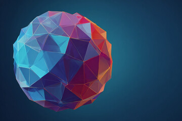 Abstract geometric sphere composed of colorful translucent facets and glowing golden edges against a dark blue background