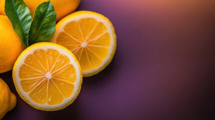 Fototapeta premium Fresh lemons sliced on purple background with whole lemons nearby