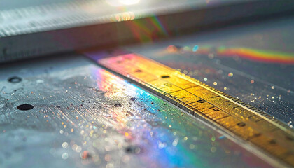 Light Spectrum: A metallic ruler refracts sunlight, creating a captivating display of spectral colors, representing the beauty and science of light.