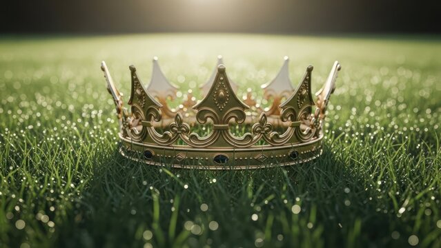 Ornate golden crown resting on dew-kissed grass, basking in sunlight