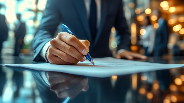 Business office scenes of professionals signing contracts and agreements