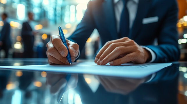 Business office scenes of professionals signing contracts and agreements