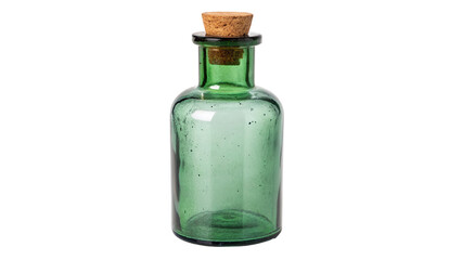 Empty green glass bottle with cork stopper on transparent background