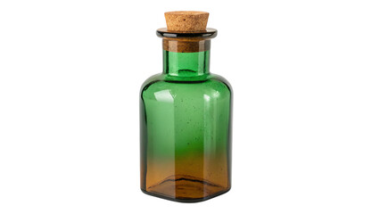 Vintage green glass bottle with cork stopper on transparent background