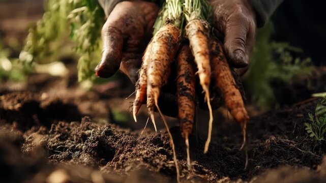 Harvesting carrots in a garden at midday using hands in soil