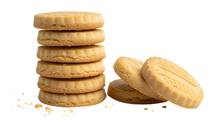Delicious shortbread cookies stacked on transparent background with crumbs