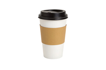 Disposable coffee cup with brown sleeve and transparent lid on transparent background