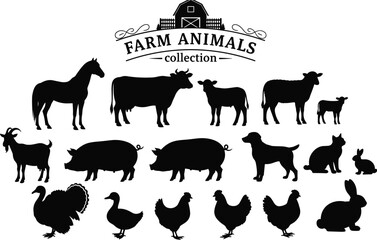 Farm animal silhouettes collection with barn emblem featuring cow horse pig sheep goat chicken duck rabbit icons isolated on white background vector setWeb