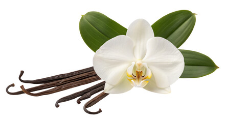 Vanilla orchid flower with green leaves and pods on transparent background