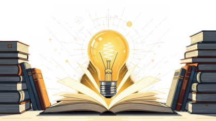 Artistic flat design of glowing light bulb over open book surrounded by towers of literature