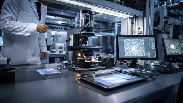Medium shot of a laboratory environment where advanced imaging devices highlight the complex grain patterns within a polished metal specimen