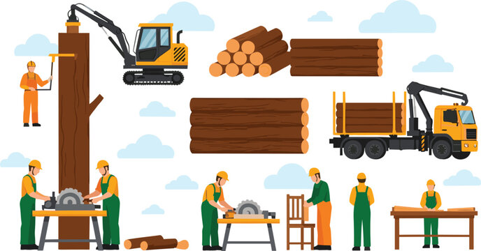 Lumber industry and woodworking process set with log cutting, sawmill machines, workers, and timber transport in flat vector illustration