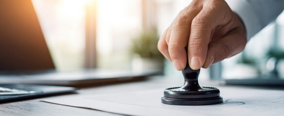 The rubber stamp marking official approval on a business document in bright office light