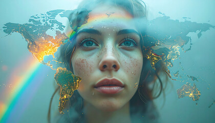 Global Connection: A woman emerges from a swirling vortex of the world, adorned with a rainbow, symbolizing unity and interconnectedness. Her expression reflects introspection.