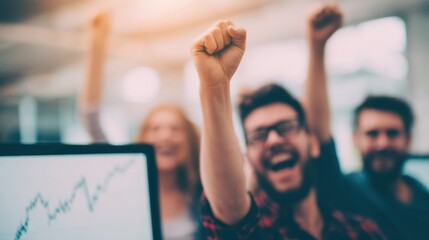 Team celebrates success in office during work hours with hands raised