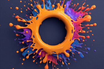 Abstract ring of vibrant paint splashes exploding outwards with a dark background
