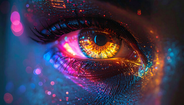 Vision of Cosmic Dreams: A mesmerizing close-up of a human eye, ablaze with vibrant colors and otherworldly textures. Illuminating an inner universe of creativity and imagination. - Powered by Adobe