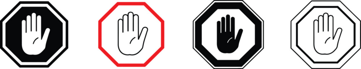 Obraz premium Stop icon set vector illustration featuring road stop sign and hand stop symbols in clean minimalist outline style