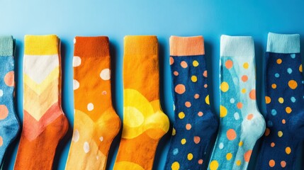 Colorful socks arranged in a row on a blue background in bright light