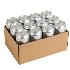 Aluminum beverage cans packed in cardboard box isolated on transparent background