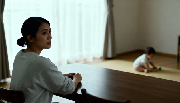 Worried Asian mother sitting at a table while her baby plays in the background. Sad woman thinking about parenting stress or postpartum depression