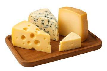 Assorted cheese varieties on wooden board isolated on transparent background