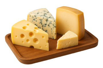 Assorted cheese varieties on wooden board isolated on transparent background