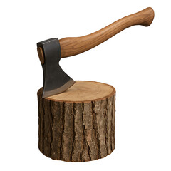 Axe embedded in wooden log isolated on transparent background