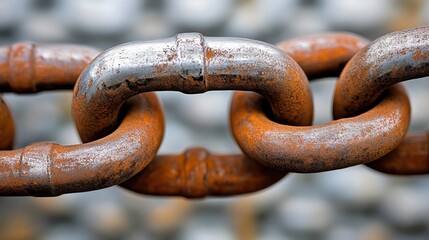 Close up view of intertwined metal chains showing rust and varying thickness