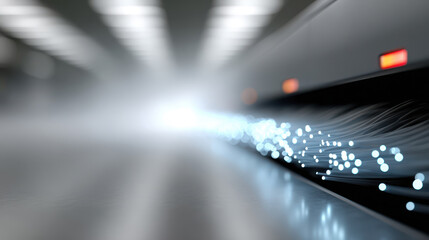 Illuminated network racks and blue fiber optic cables in advanced data center