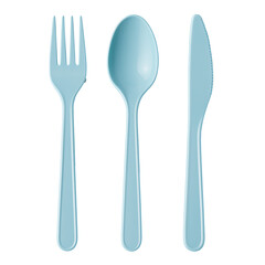 Blue plastic cutlery set isolated on transparent background