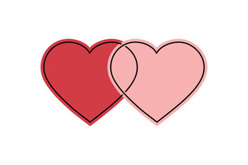 Two overlapping heart shapes in red and pink representing romantic unity, love and valentine's day celebration theme