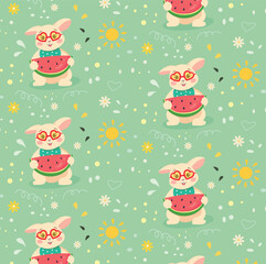 Cute Watermelon Bunny Seamless Pattern &ndash; Summer Fruit Animal Illustration