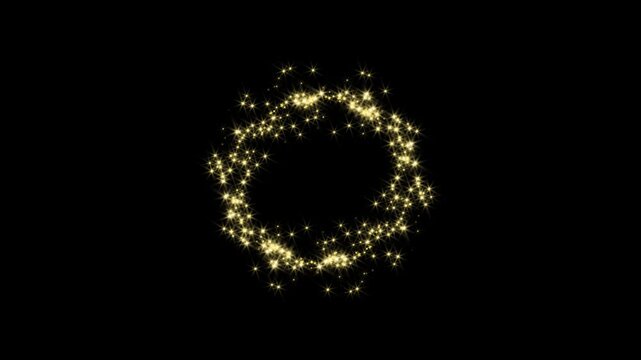 Glowing glitter stars circular sparkle effect. christmas particles spinning clockwise, holiday stardust trail spiral particle, golden fairy tail sparkling glow movement particles on black screen, 4K