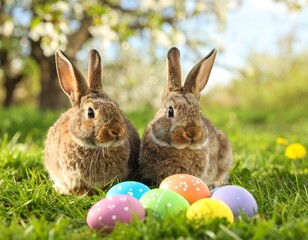 Obraz premium Two fluffy brown rabbits sit in a sunny green field surrounded by colorful decorated eggs for the springtime Easter holiday