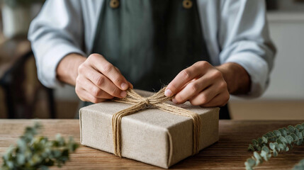 Hands carefully packing handmade products into a box on a wooden table, thoughtful arrangement and natural materials highlighting craftsmanship, small business workflow, and creative order