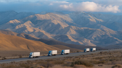 A convoy of petroleum tanker trucks traveling along a remote highway, desert mountains framing the route as GPS systems coordinate their movement — energy distribution network, long-haul logistics,