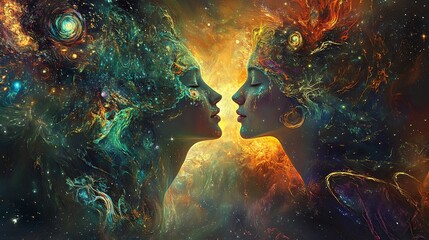 Cosmic Lovers Facing Each Other in Space Galaxy with Swirly Nebula